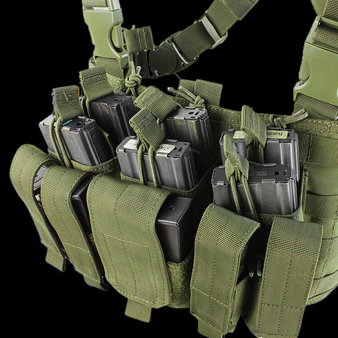 The Condor Recon Chest Rig in MultiCam Black features multiple magazine pouches for carrying rifle mags and gear—perfect for law enforcement or first responders, displayed against a white background.